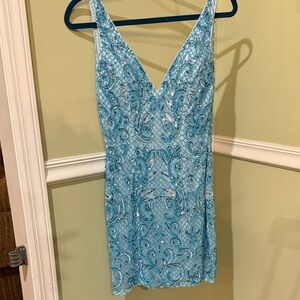 Primavera Couture Aqua Embellished Mini Dress